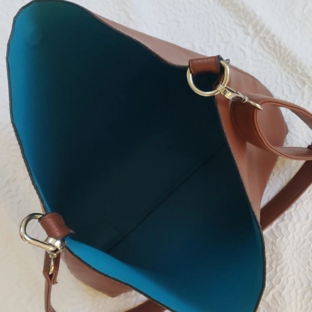 Turquoise & Brown Convertible Pebble Faux Leather Hobo Shoulder Bag, 16